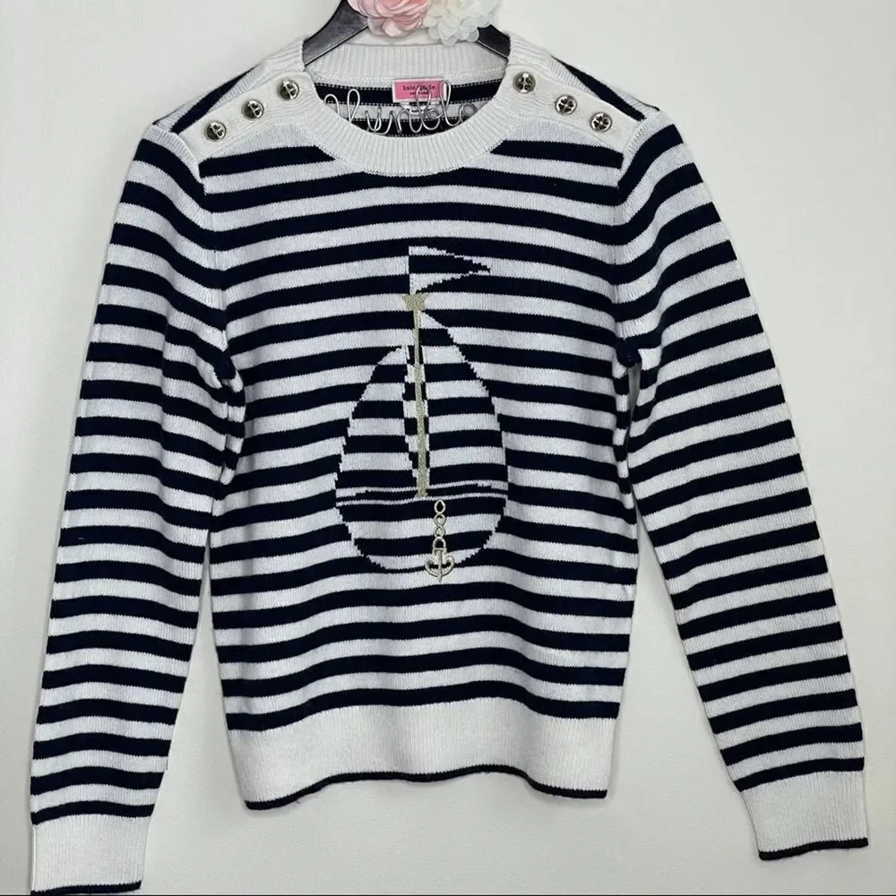 KATE SPADE Navy Striped Sail Boat Sweater MEDIUM